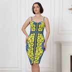 Yellow Blue Print Bandage Midi Dress H5911