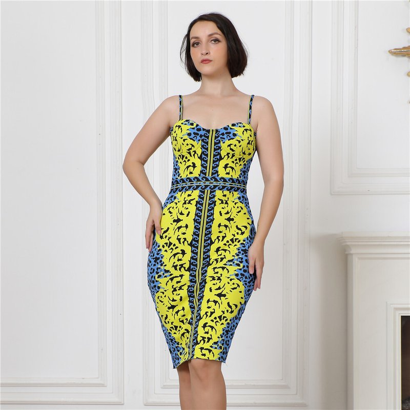 Yellow Blue Print Bandage Midi Dress H5911