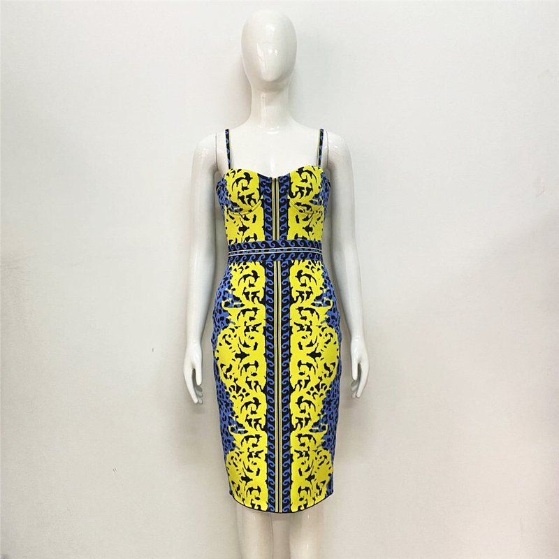 Yellow Blue Print Bandage Midi Dress H5911