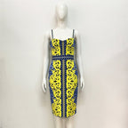 Yellow Blue Print Bandage Midi Dress H5911