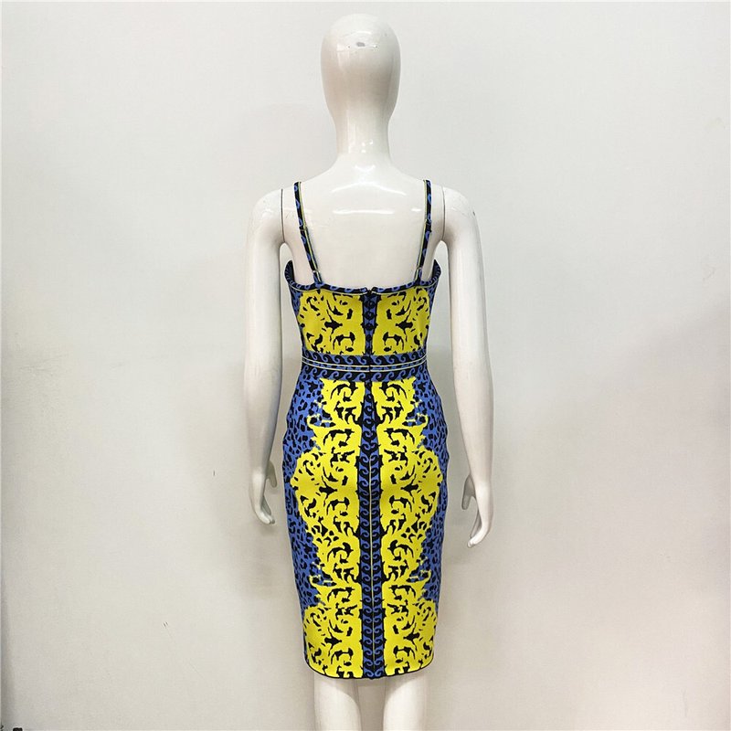 Yellow Blue Print Bandage Midi Dress H5911