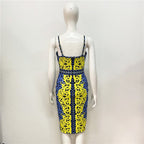 Yellow Blue Print Bandage Midi Dress H5911