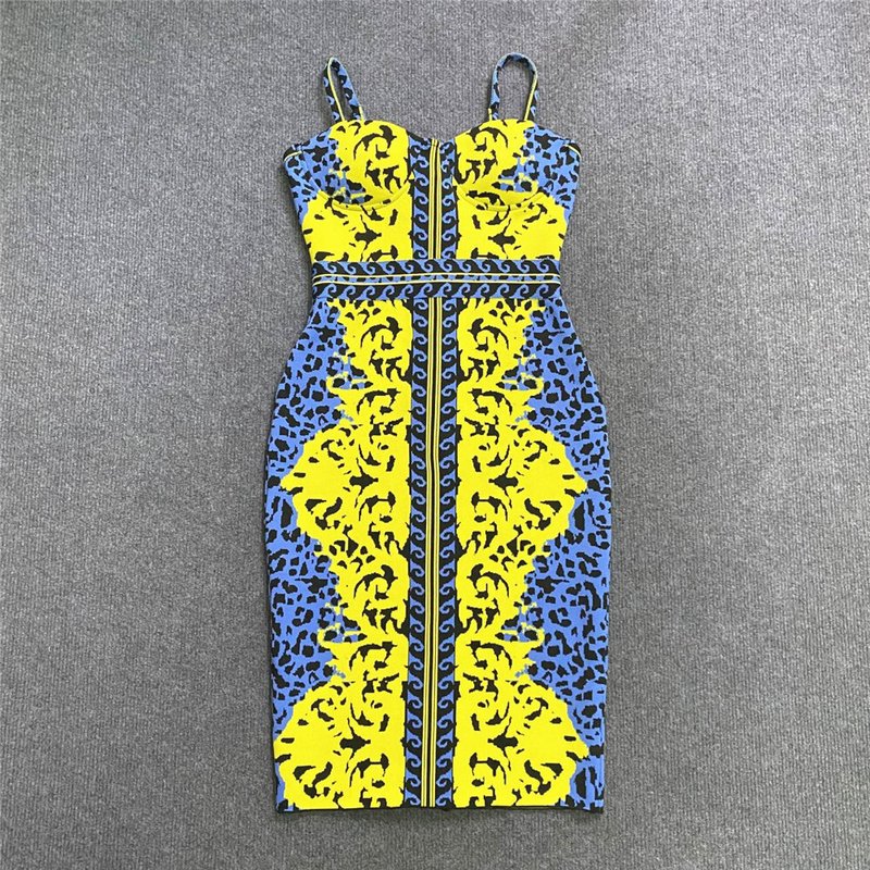 Yellow Blue Print Bandage Midi Dress H5911