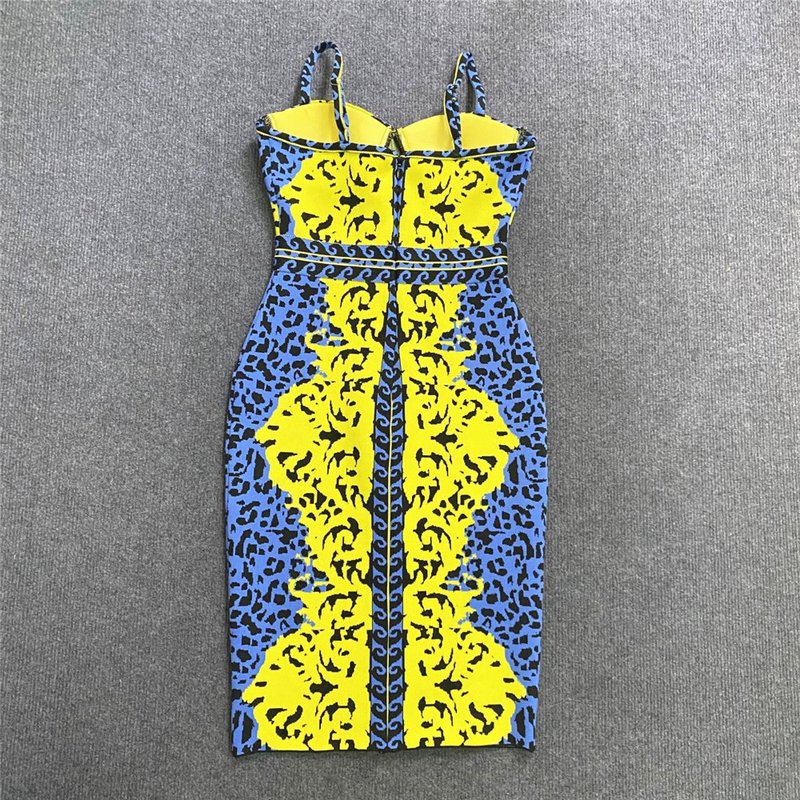 Yellow Blue Print Bandage Midi Dress H5911