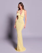 Yellow Bow Halter Mermaid Gown H7029