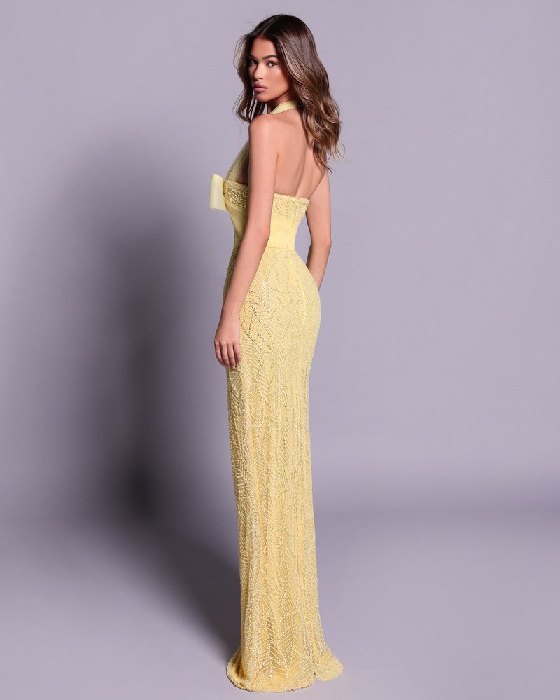 Yellow Bow Halter Mermaid Gown H7029