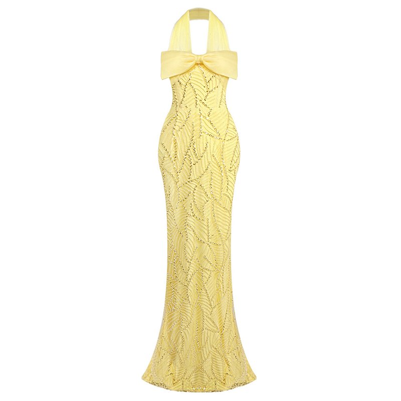 Yellow Bow Halter Mermaid Gown H7029