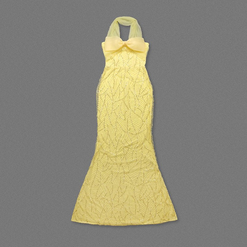 Yellow Bow Halter Mermaid Gown H7029