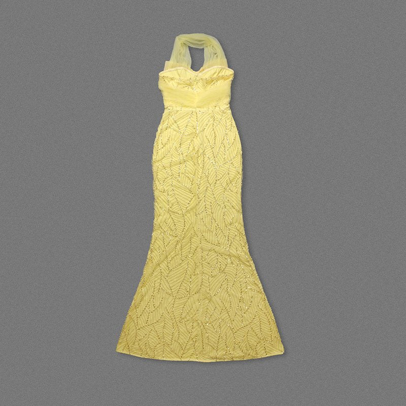 Yellow Bow Halter Mermaid Gown H7029