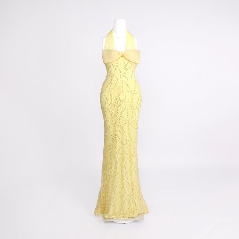 Yellow Bow Halter Mermaid Gown H7029