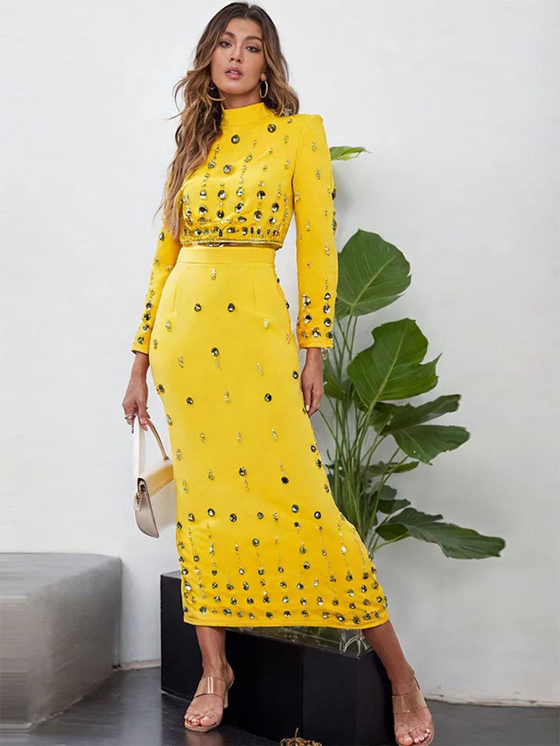 Yellow Embellished Long Sleeve Midi Dress H6237
