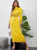 Yellow Embellished Long Sleeve Midi Dress H6237