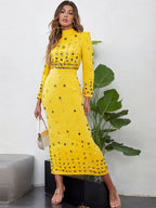 Yellow Embellished Long Sleeve Midi Dress H6237