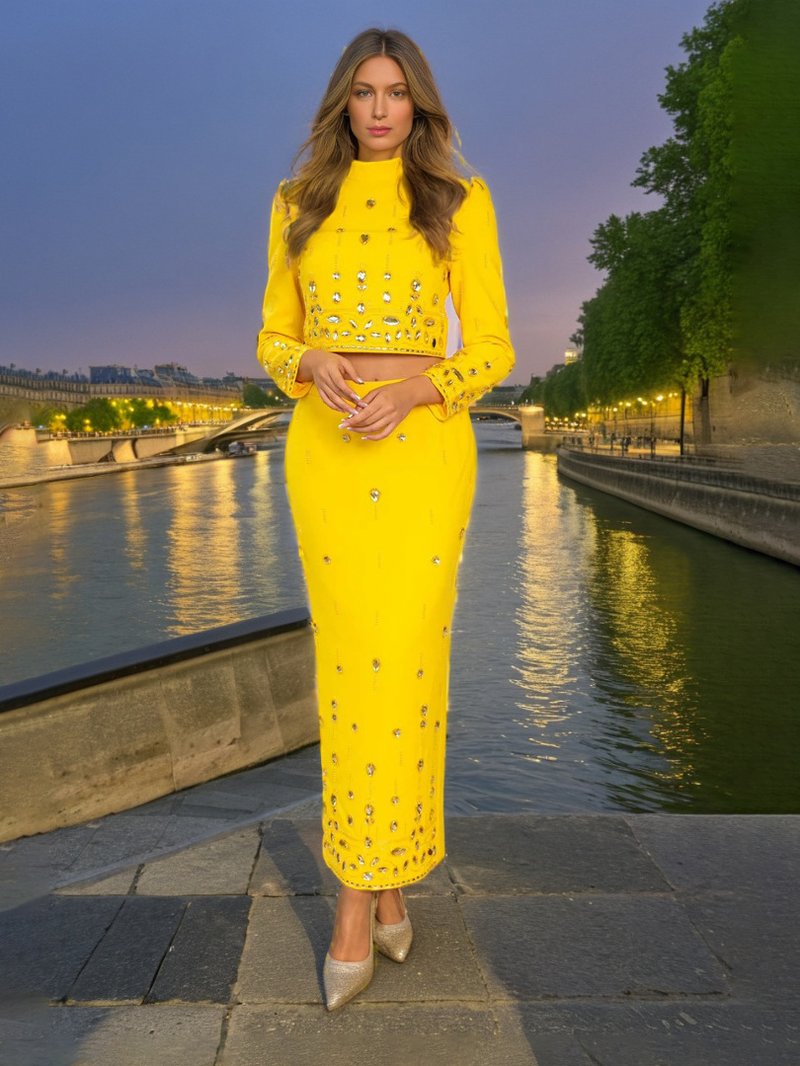 Yellow Embellished Long Sleeve Midi Dress H6237