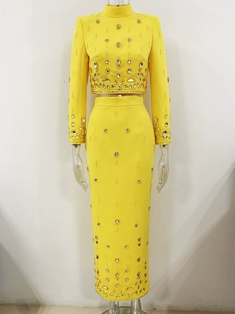 Yellow Embellished Long Sleeve Midi Dress H6237