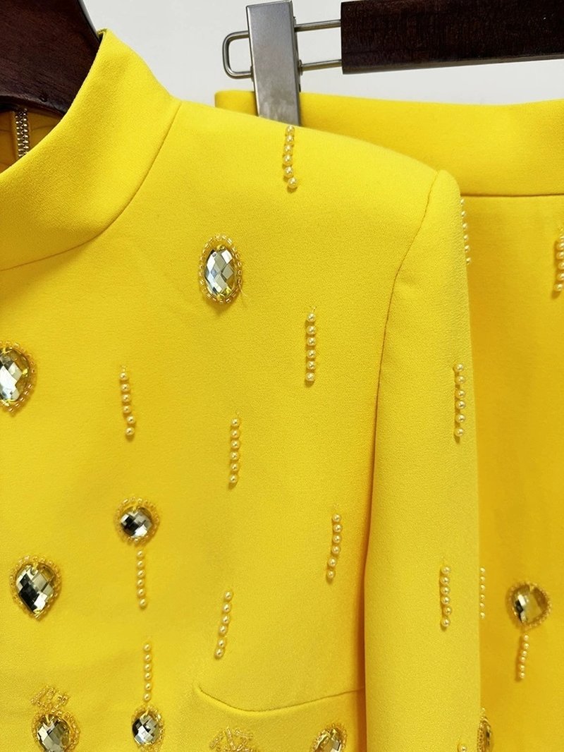 Yellow Embellished Long Sleeve Midi Dress H6237
