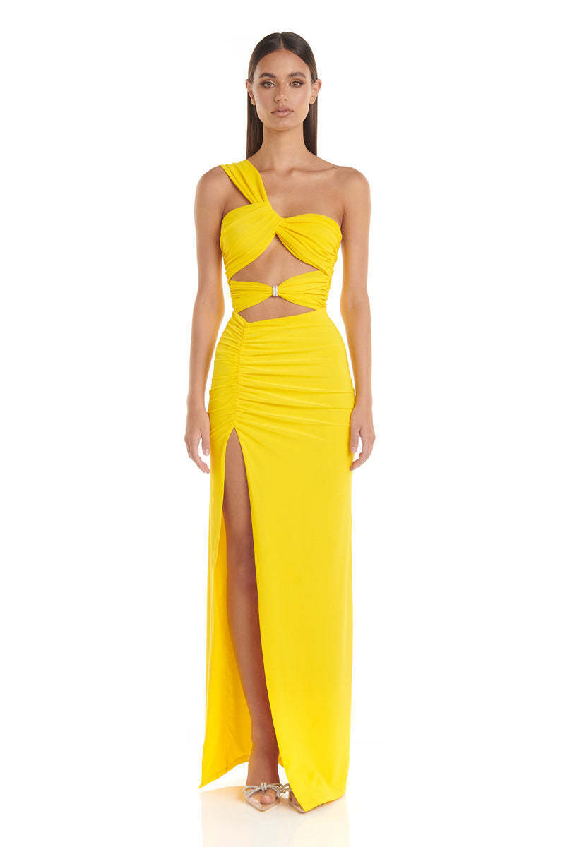 Yellow One-Shoulder Cutout Maxi Dress H6331