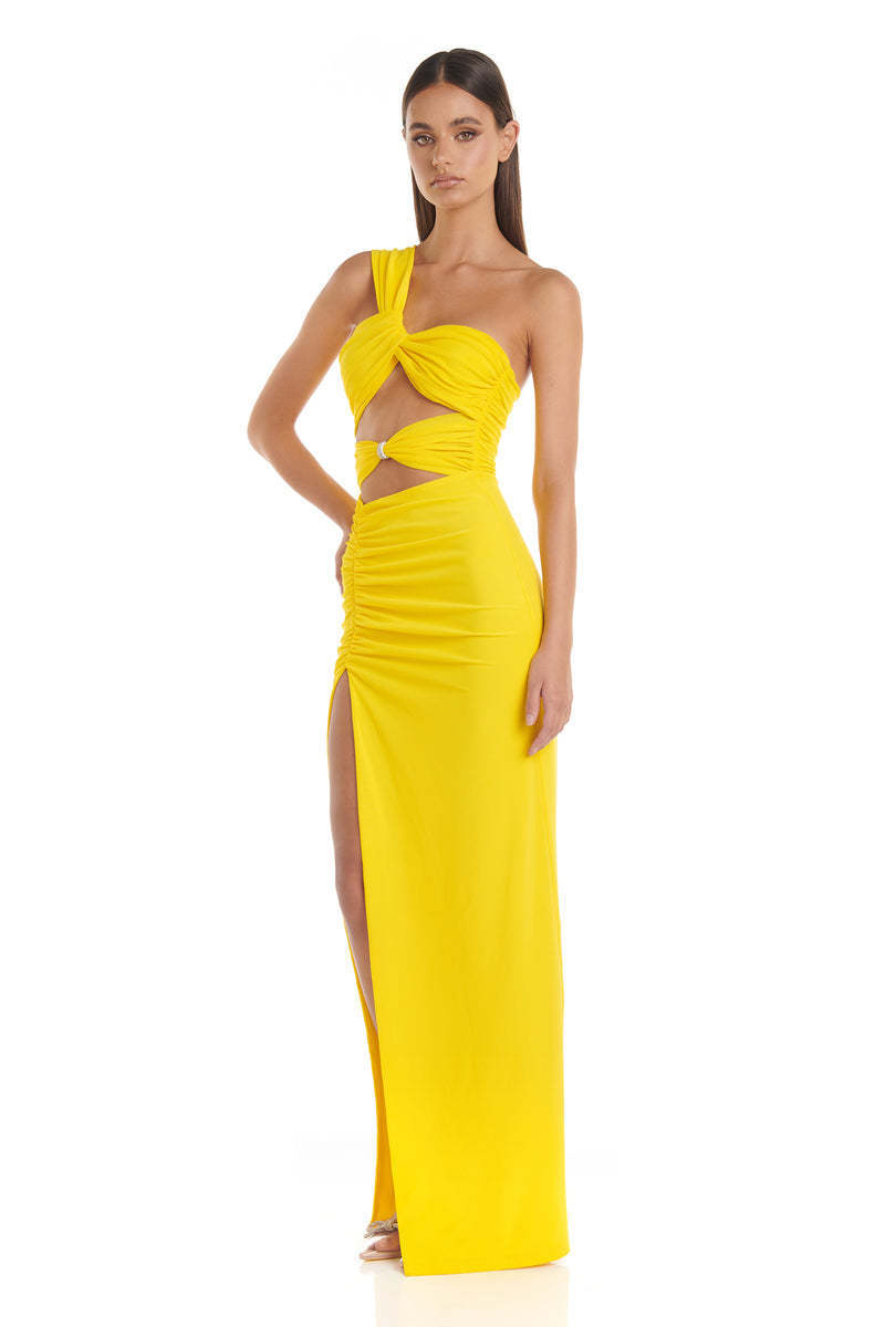 Yellow One-Shoulder Cutout Maxi Dress H6331