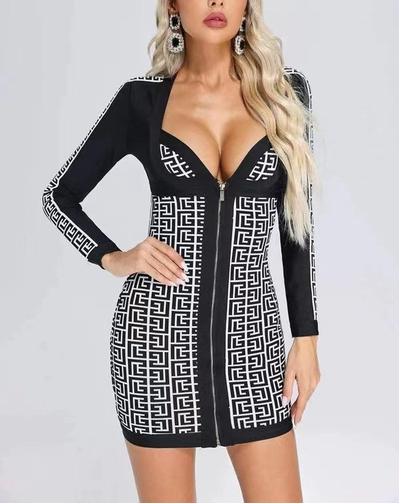 Zip Front Geometric Print Mini Dress H6088