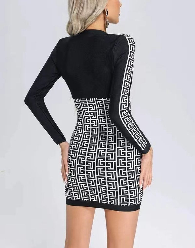 Zip Front Geometric Print Mini Dress H6088