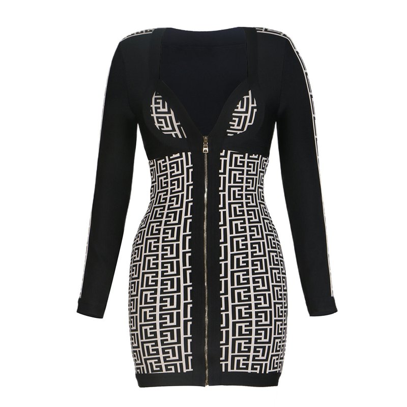 Zip Front Geometric Print Mini Dress H6088