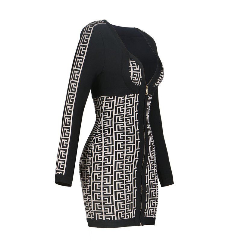 Zip Front Geometric Print Mini Dress H6088