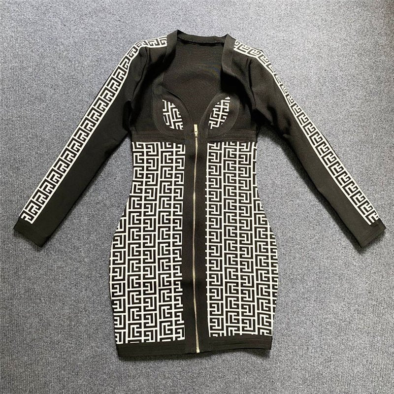Zip Front Geometric Print Mini Dress H6088